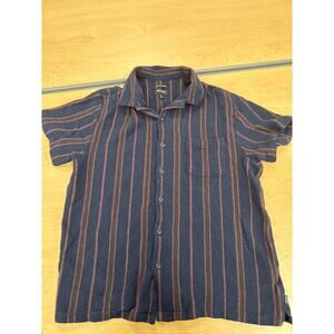 Brixton Bunker Relaxed Fit Short Sleeve Button-Up Shirt Navy Red Stripe
